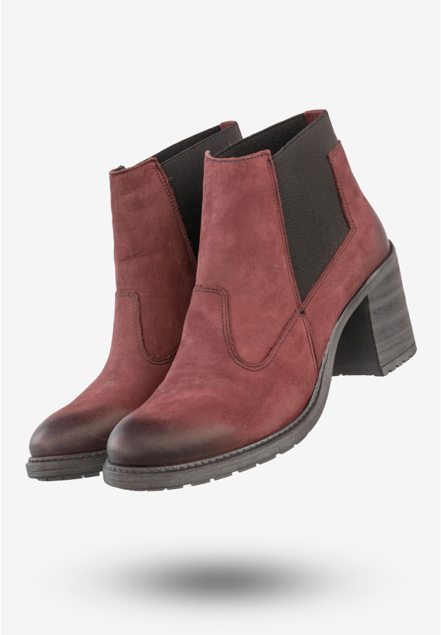 Botki Damskie Skórzane Buty Na Klocku Rammit Bordowe 930/5