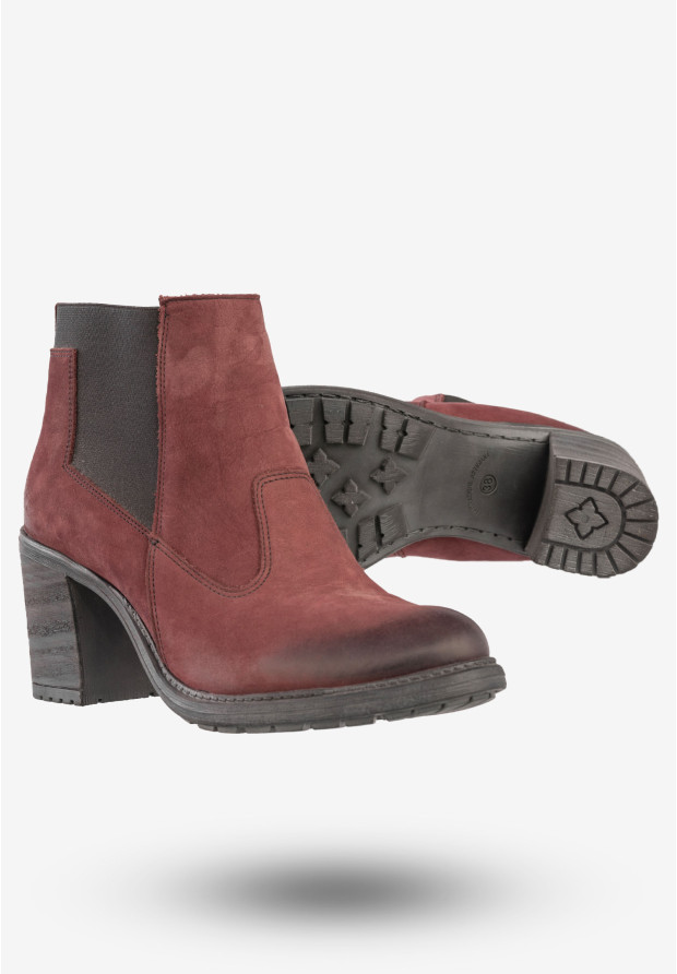 Botki Damskie Skórzane Buty Na Klocku Rammit Bordowe 930/5