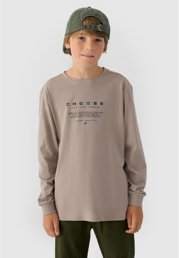 Beżowy longsleeve chłopięcy 4F z nadrukiem
