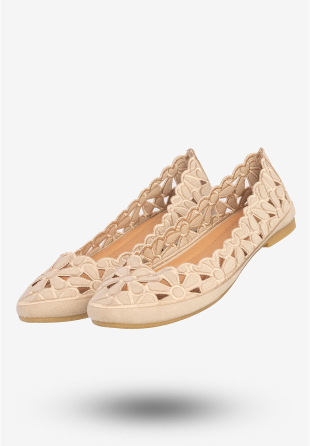 Baleriny Damskie Buty Eleganckie Kwiatowe Beżowe DD2008-51
