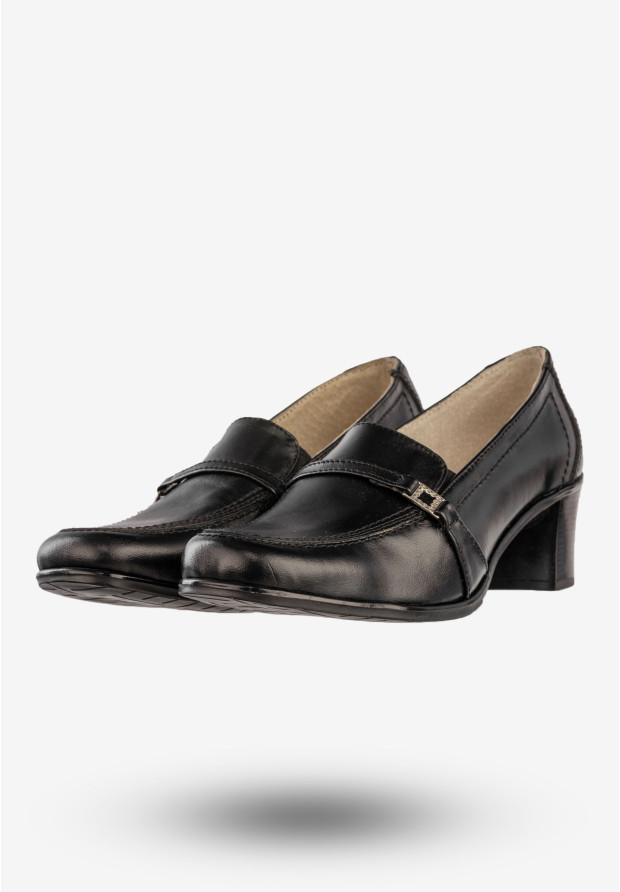 Półbuty Damskie Skórzane Buty Na Obcasie Eleganckie Czarne Opal 83