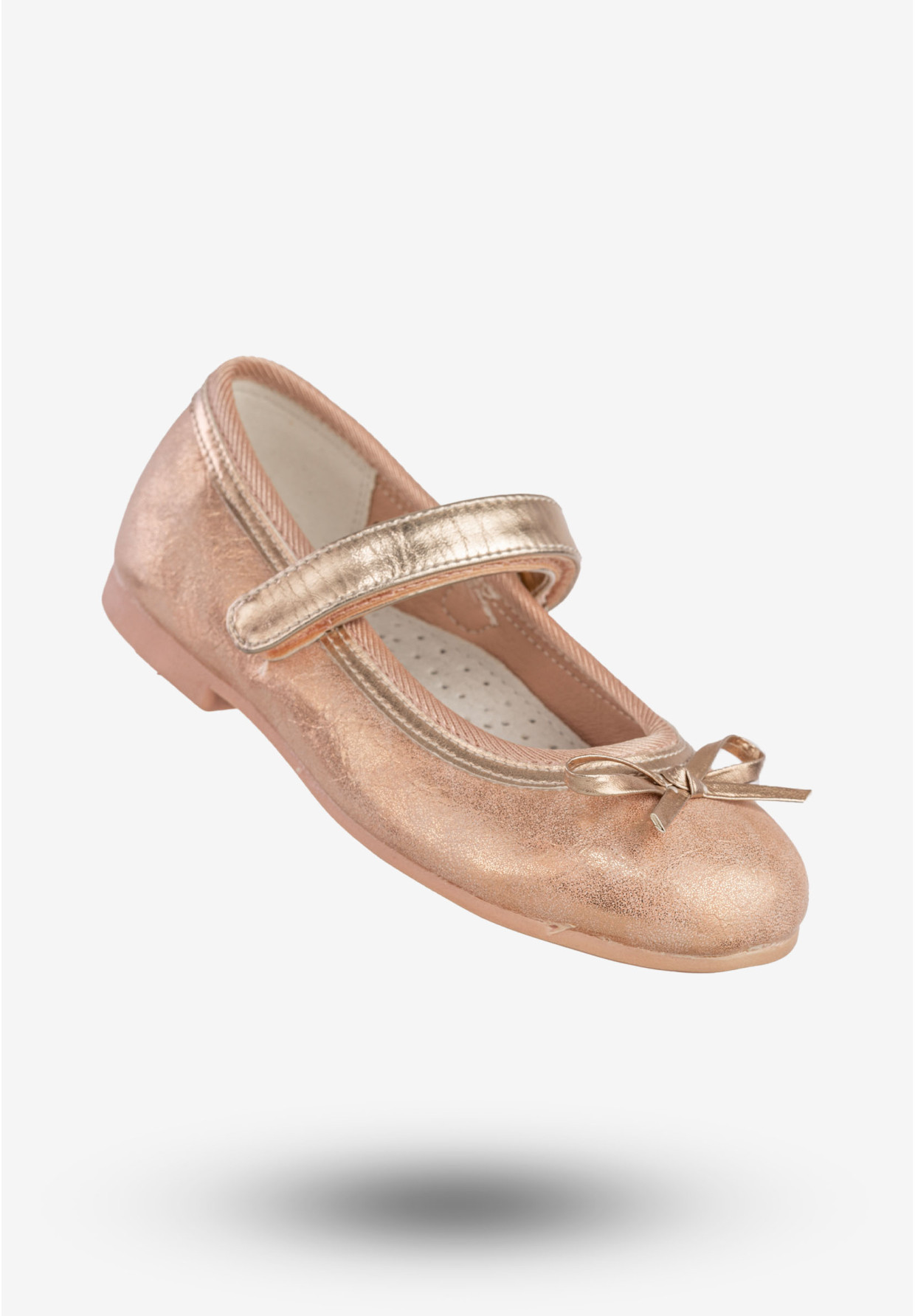 Baleriny Dziecięce Na Rzepy Buty Eleganckie Z Kokardką Różowe Złoto American Club GC03/20