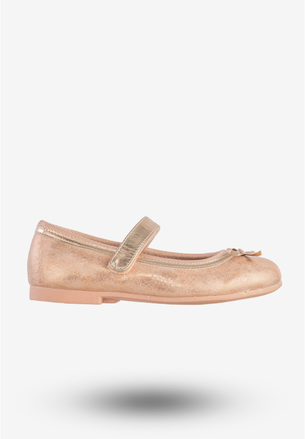 Baleriny Dziecięce Na Rzepy Buty Eleganckie Z Kokardką Różowe Złoto American Club GC03/20