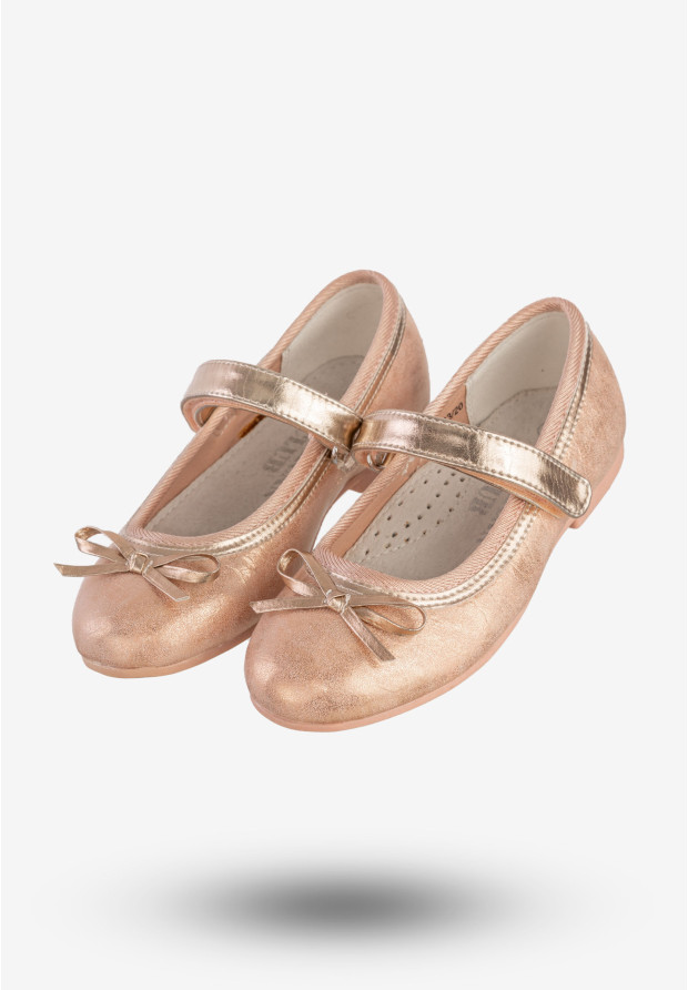 Baleriny Dziecięce Na Rzepy Buty Eleganckie Z Kokardką Różowe Złoto American Club GC03/20