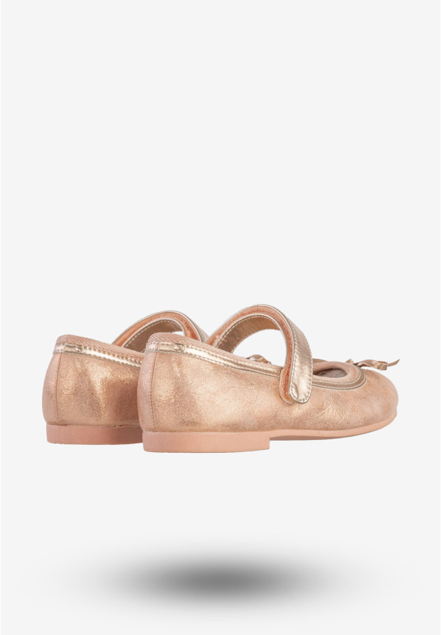Baleriny Dziecięce Na Rzepy Buty Eleganckie Z Kokardką Różowe Złoto American Club GC03/20