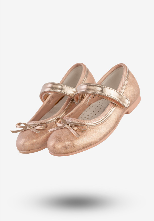 Baleriny Dziecięce Na Rzepy Buty Eleganckie Z Kokardką Różowe Złoto American Club GC03/20