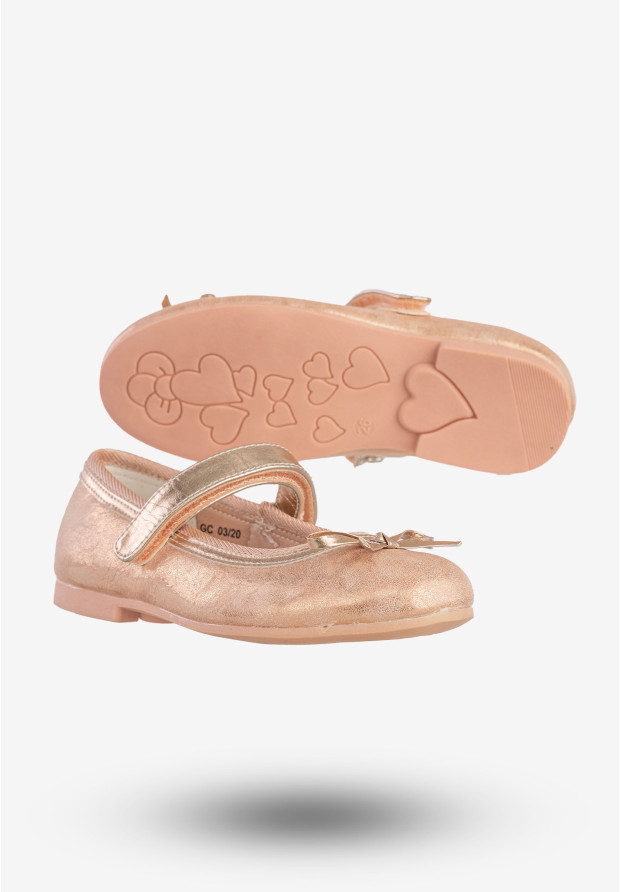 Baleriny Dziecięce Na Rzepy Buty Eleganckie Z Kokardką Różowe Złoto American Club GC03/20