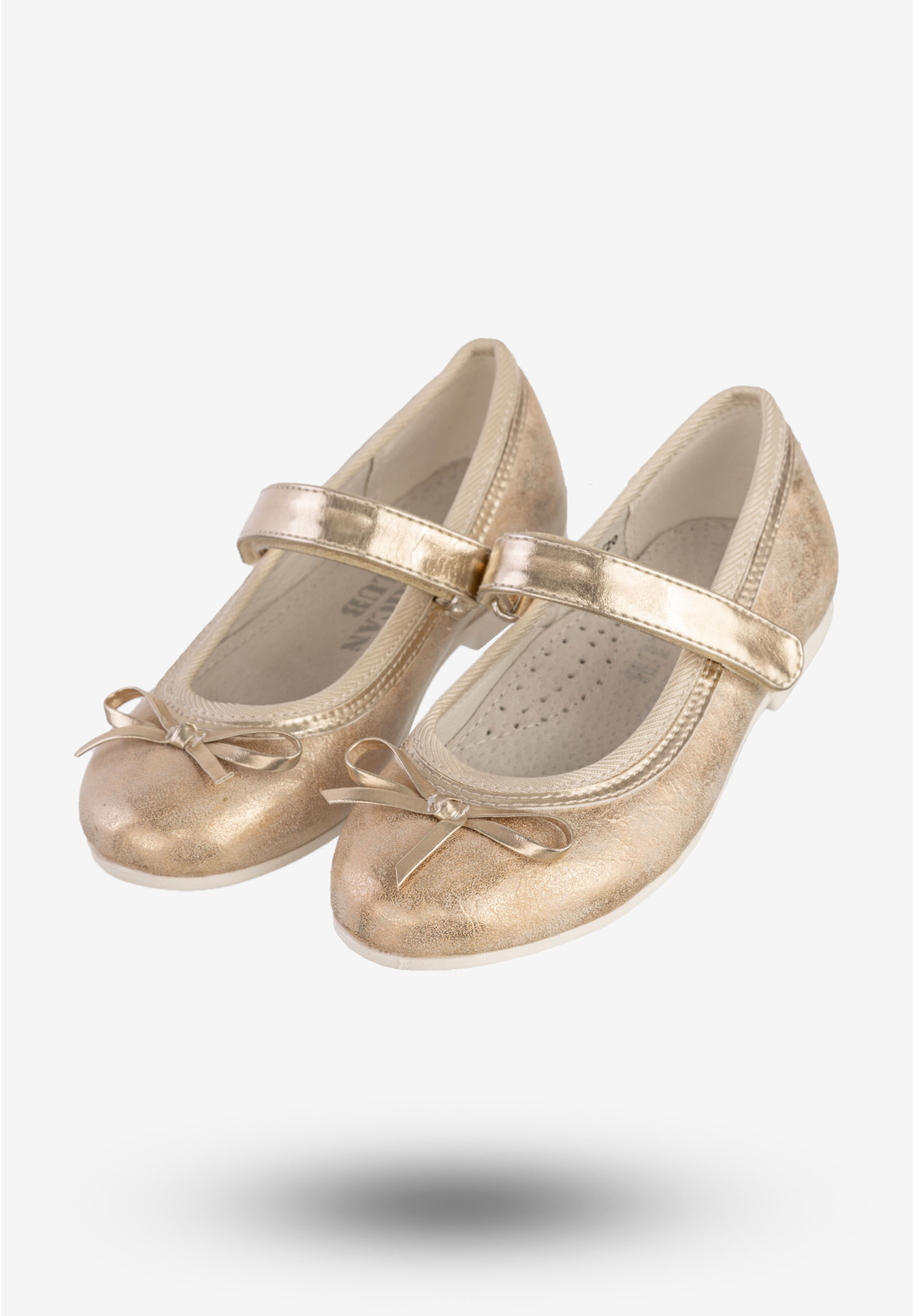 Baleriny Dziecięce Na Rzepy Buty Eleganckie Z Kokardką Złote American Club GC03/20