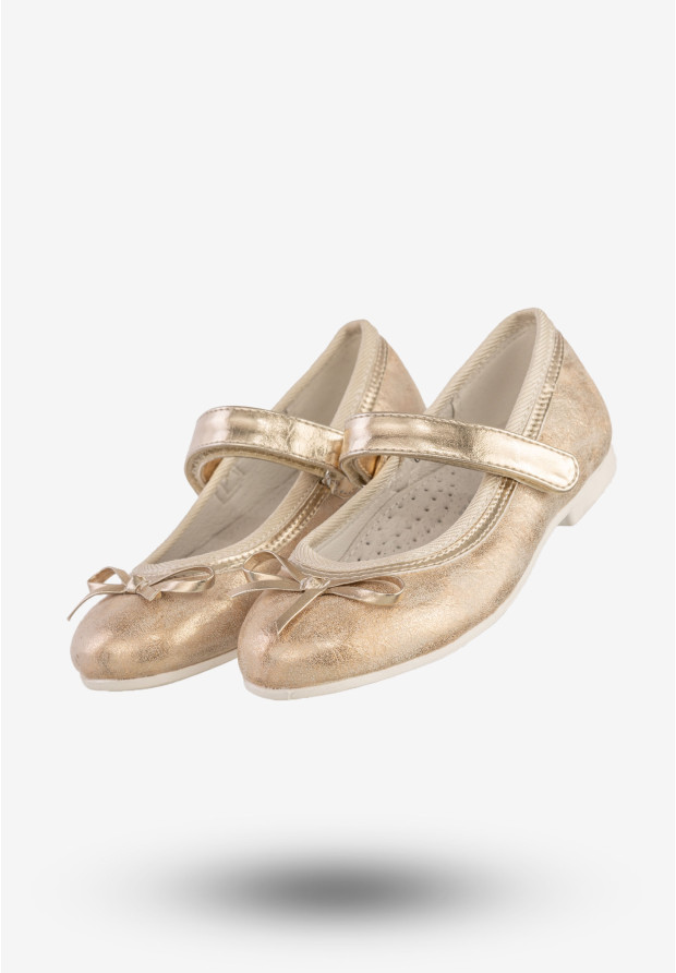 Baleriny Dziecięce Na Rzepy Buty Eleganckie Z Kokardką Złote American Club GC03/20