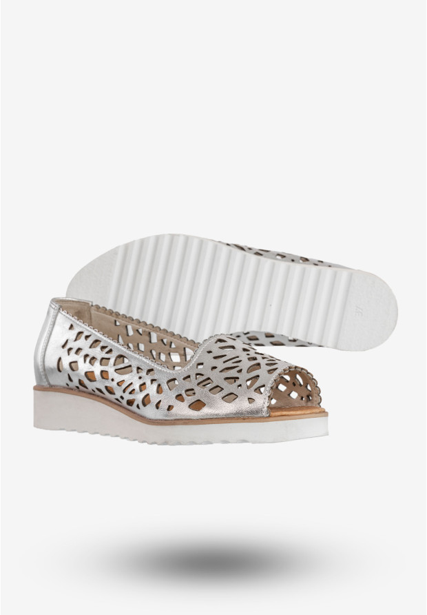 Baleriny Damskie Skórzane Półbuty Eleganckie Buty Srebrne Lewski 2703