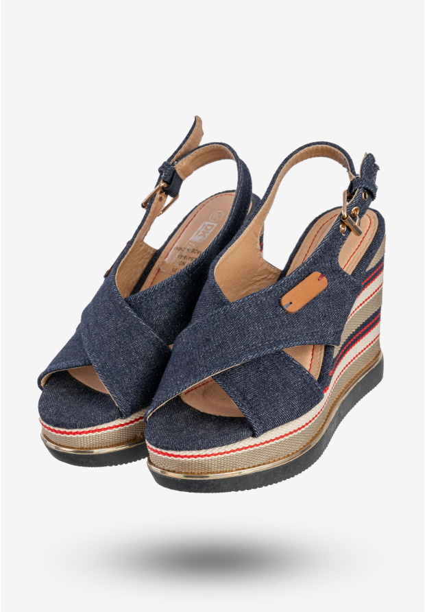 Sandały Damskie Buty Na Koturnie Jeansowe Niebieskie DK 8Z6416-6A