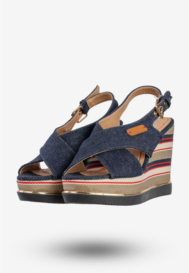 Sandały Damskie Buty Na Koturnie Jeansowe Niebieskie DK 8Z6416-6A