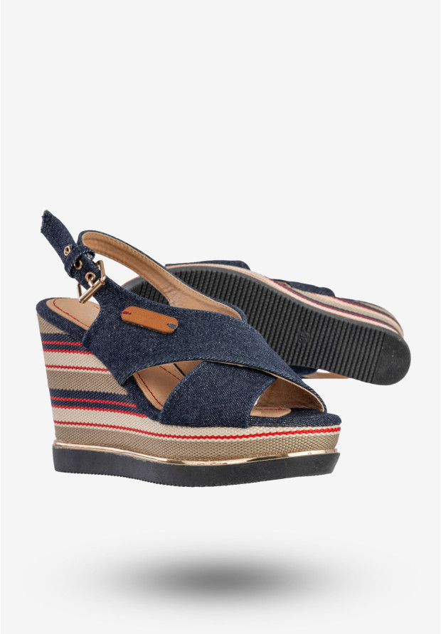 Sandały Damskie Buty Na Koturnie Jeansowe Niebieskie DK 8Z6416-6A