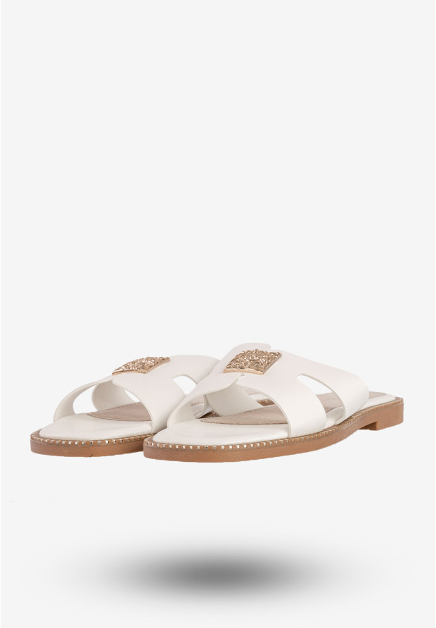 Klapki Damskie Ekoskóra Buty Eleganckie Płaski Obcas Białe Potocki 25-08305WH