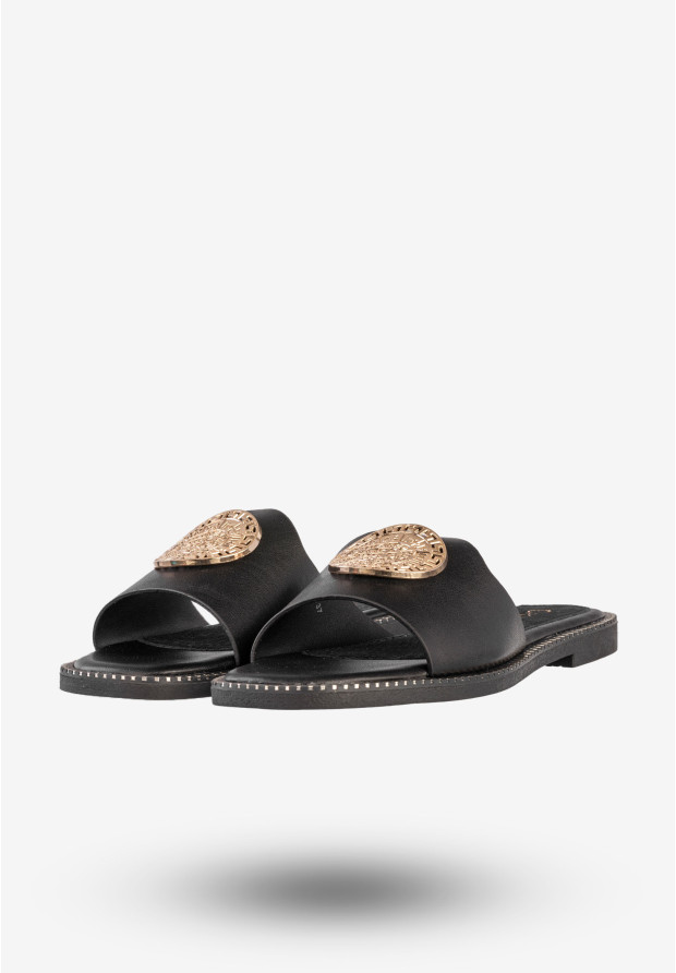 Klapki Damskie Ekoskóra Buty Eleganckie Płaski Obcas Czarne Potocki 25-08311BK