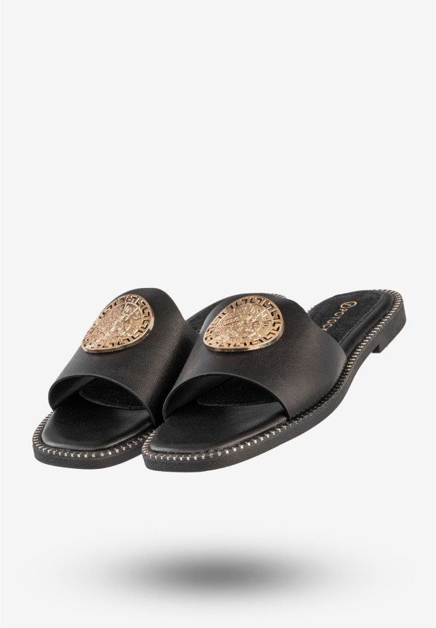 Klapki Damskie Ekoskóra Buty Eleganckie Płaski Obcas Czarne Potocki 25-08311BK