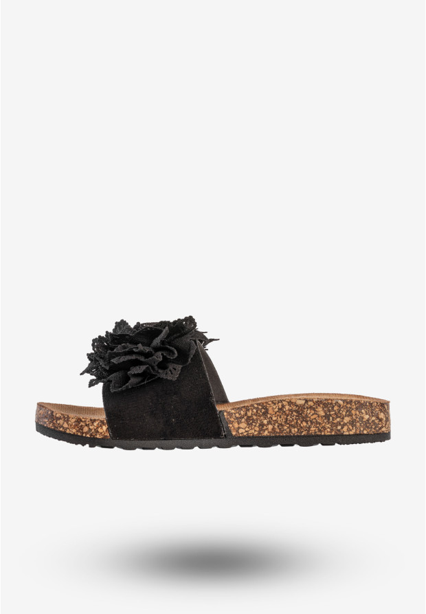 Klapki Damskie Buty Eleganckie Z Kwiatkiem Czarne Potocki 25-17301BK