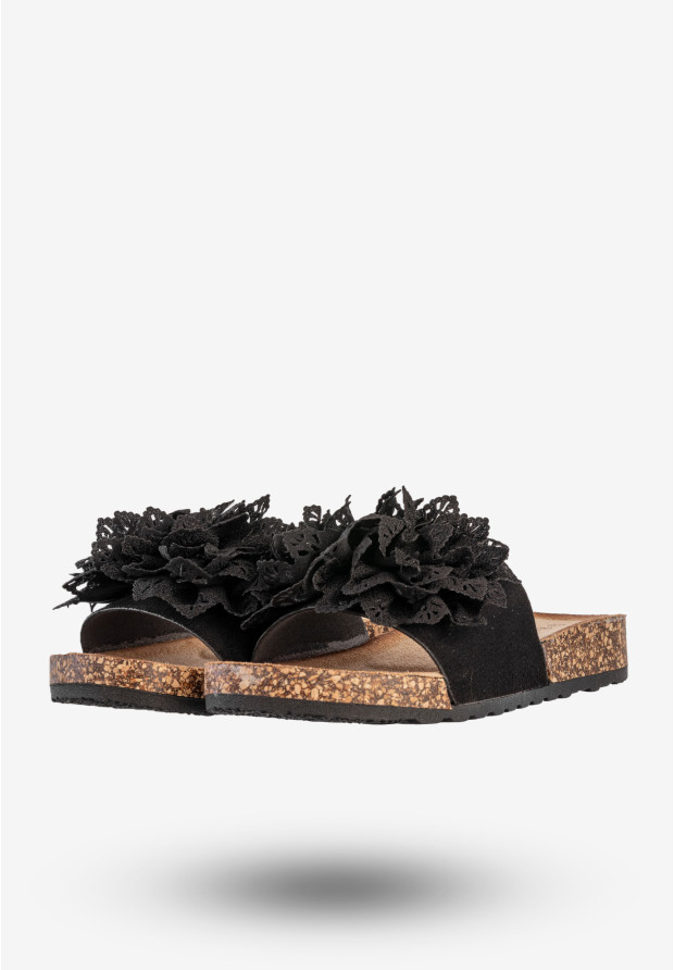 Klapki Damskie Buty Eleganckie Z Kwiatkiem Czarne Potocki 25-17301BK