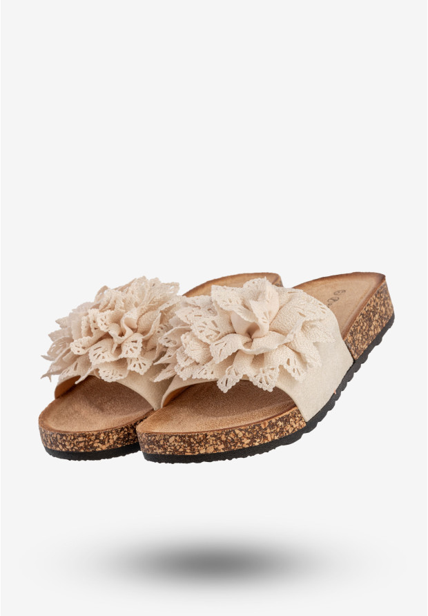 Klapki Damskie Buty Eleganckie Z Kwiatkiem Beżowe Potocki 25-17301BG