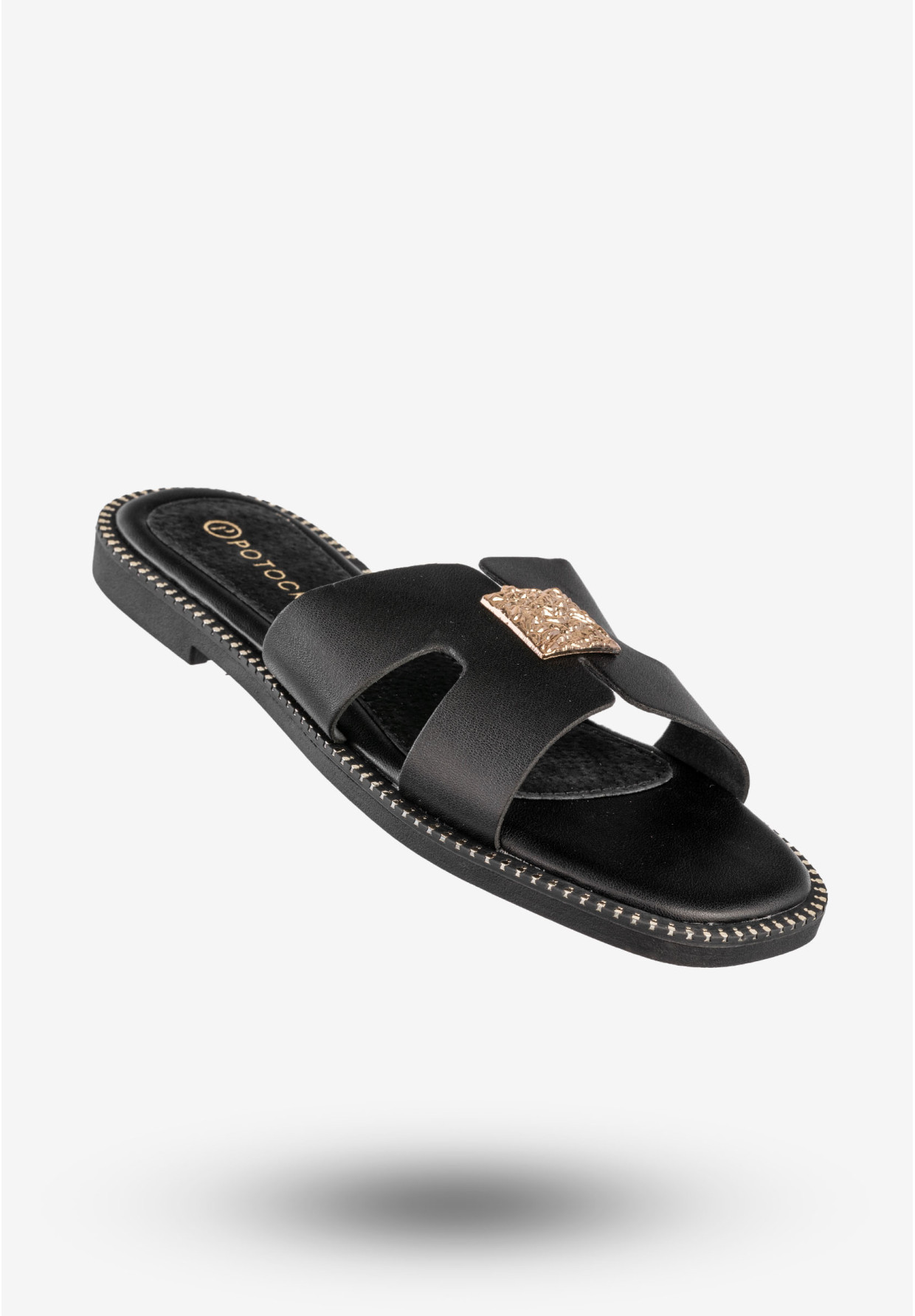 Klapki Damskie Ekoskóra Buty Eleganckie Płaski Obcas Czarne Potocki 25-08305BK