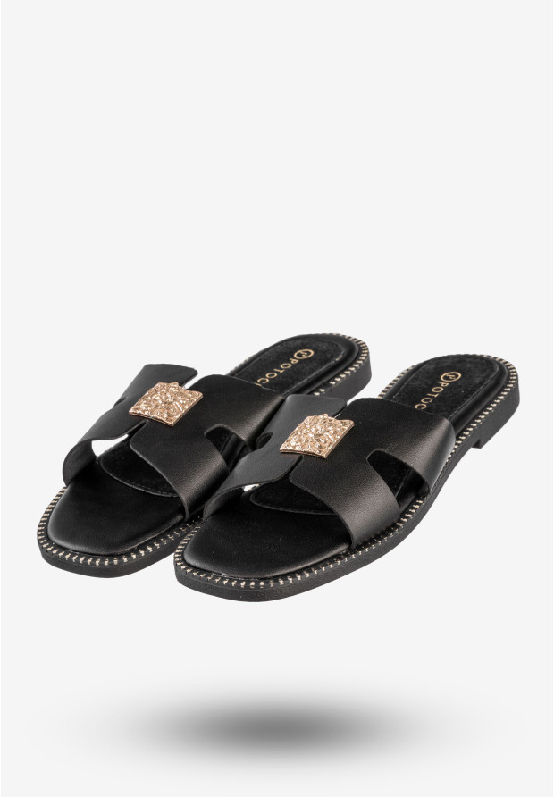 Klapki Damskie Ekoskóra Buty Eleganckie Płaski Obcas Czarne Potocki 25-08305BK