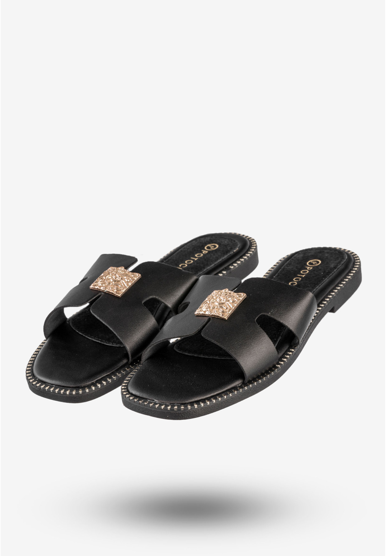 Klapki Damskie Ekoskóra Buty Eleganckie Płaski Obcas Czarne Potocki 25-08305BK