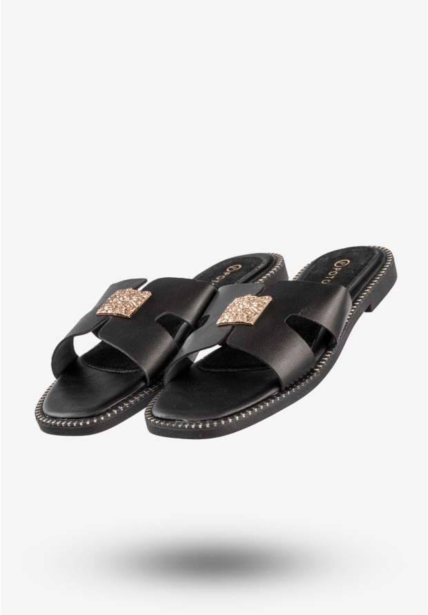 Klapki Damskie Ekoskóra Buty Eleganckie Płaski Obcas Czarne Potocki 25-08305BK