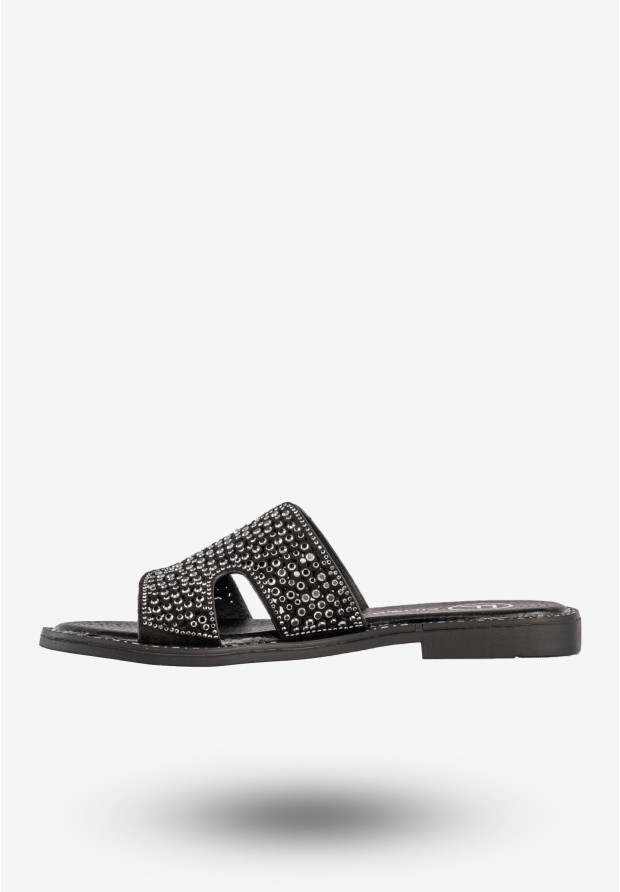 Klapki Damskie Ekoskóra Buty Z Cyrkoniami Płaski Obcas Czarne Filippo DK6973/25BK