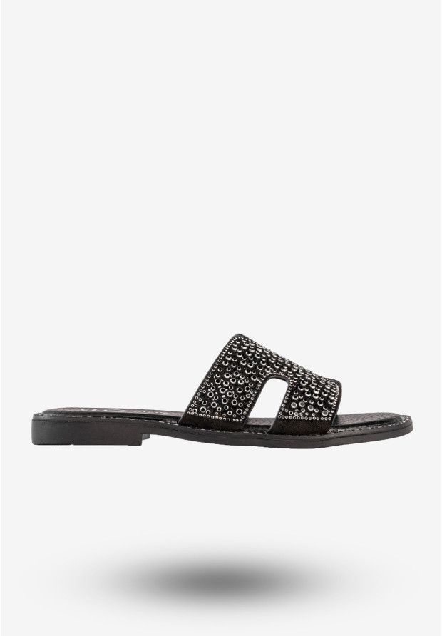 Klapki Damskie Ekoskóra Buty Z Cyrkoniami Płaski Obcas Czarne Filippo DK6973/25BK