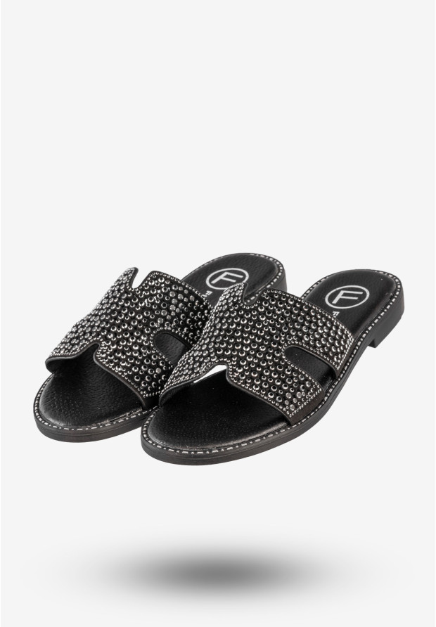 Klapki Damskie Ekoskóra Buty Z Cyrkoniami Płaski Obcas Czarne Filippo DK6973/25BK