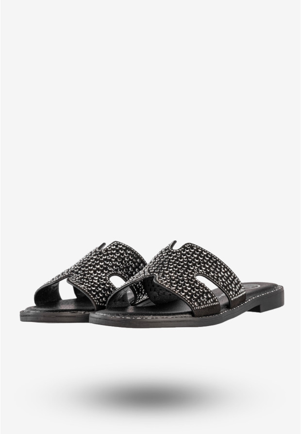 Klapki Damskie Ekoskóra Buty Z Cyrkoniami Płaski Obcas Czarne Filippo DK6973/25BK