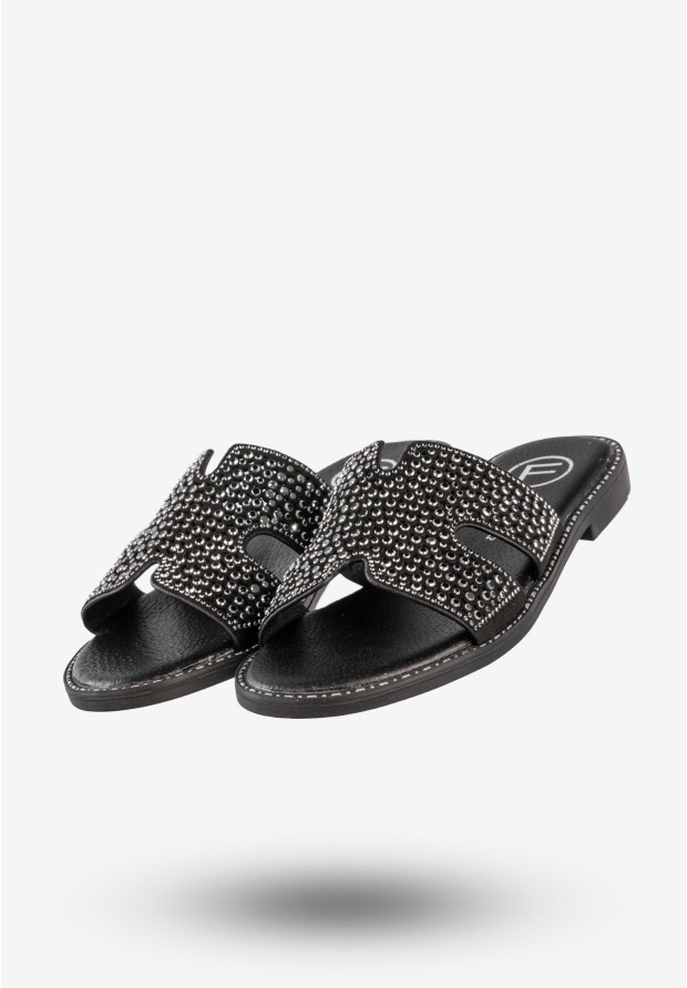 Klapki Damskie Ekoskóra Buty Z Cyrkoniami Płaski Obcas Czarne Filippo DK6973/25BK