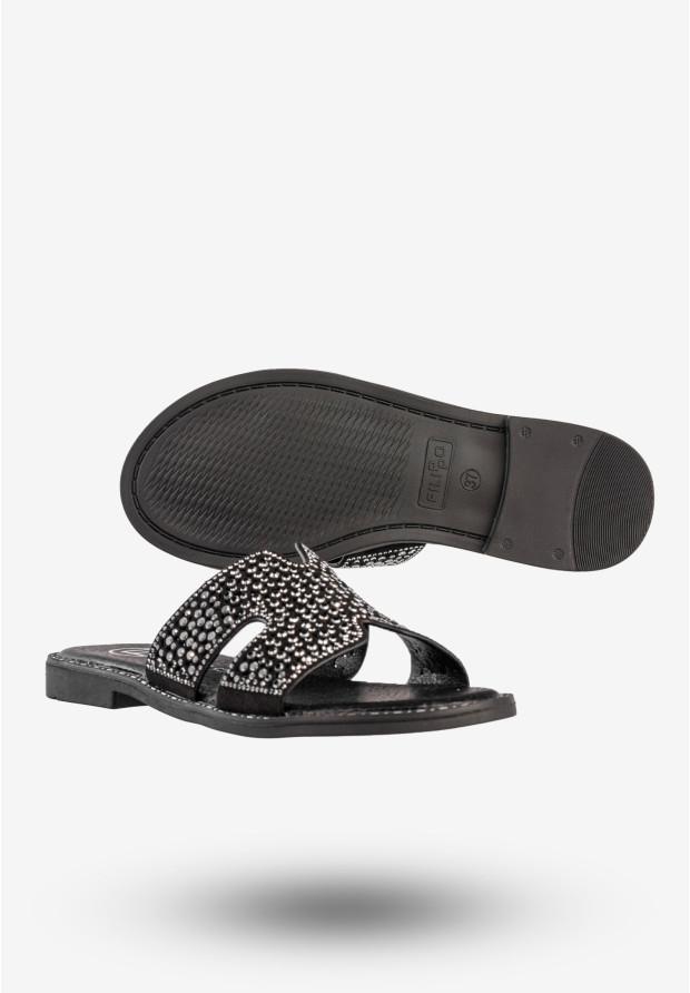 Klapki Damskie Ekoskóra Buty Z Cyrkoniami Płaski Obcas Czarne Filippo DK6973/25BK