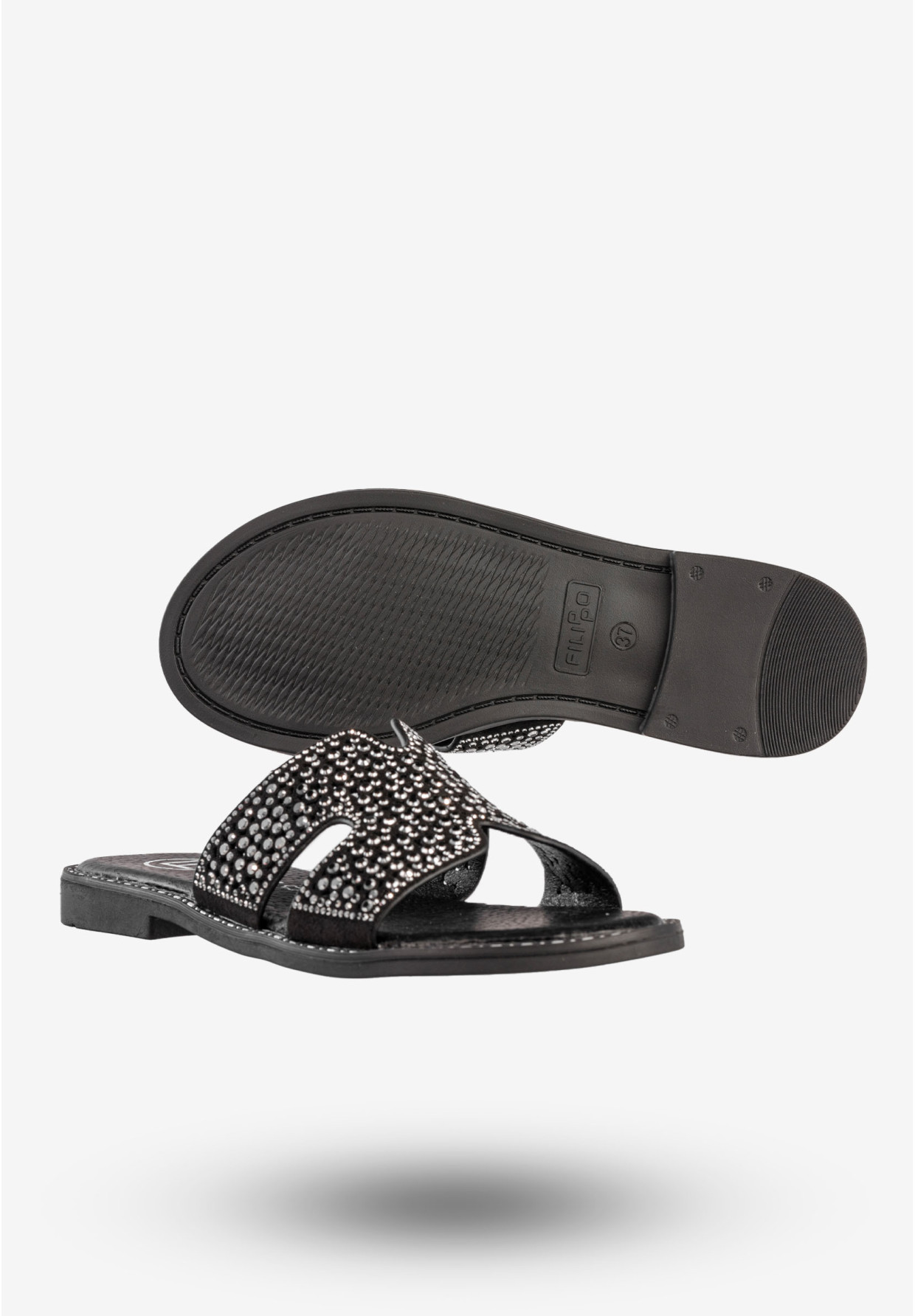 Klapki Damskie Ekoskóra Buty Z Cyrkoniami Płaski Obcas Czarne Filippo DK6973/25BK