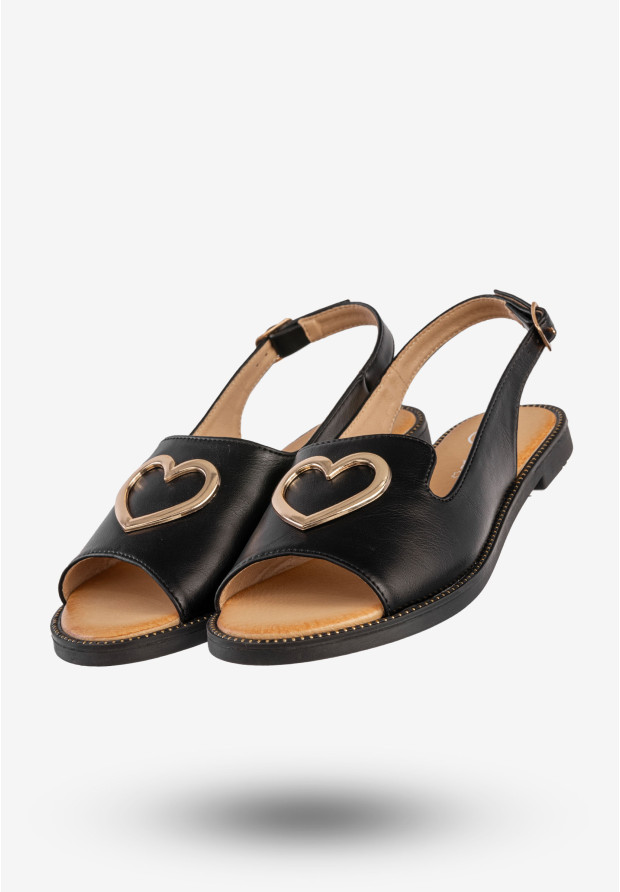 Sandały Damskie Ekoskóra Buty Z Sercem Płaski Obcas Czarne Filippo DS6926/25BK