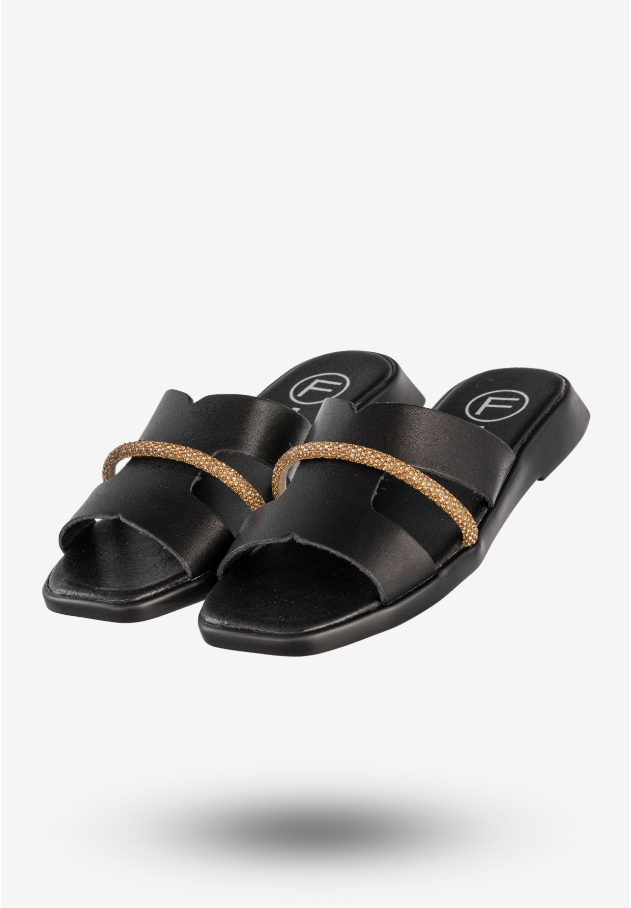 Klapki Damskie Skórzane Buty Klasyczne Ze Złotym Paskiem Czarne Filippo DK6878/25BK