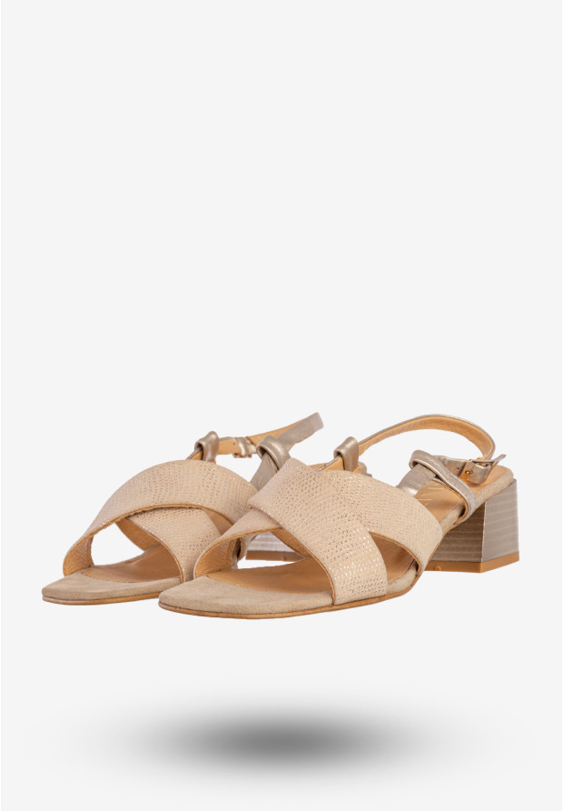Sandały Damskie Skórzane Buty Eleganckie Na Klocku Beżowe EMMA 8782
