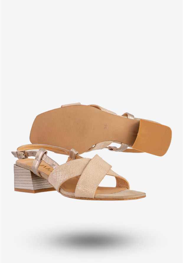 Sandały Damskie Skórzane Buty Eleganckie Na Klocku Beżowe EMMA 8782