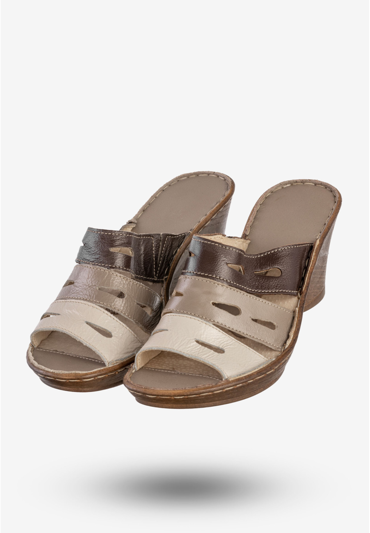 Klapki Damskie Skórzane Buty Na Koturnie Wygodne Brązowe Opal 132