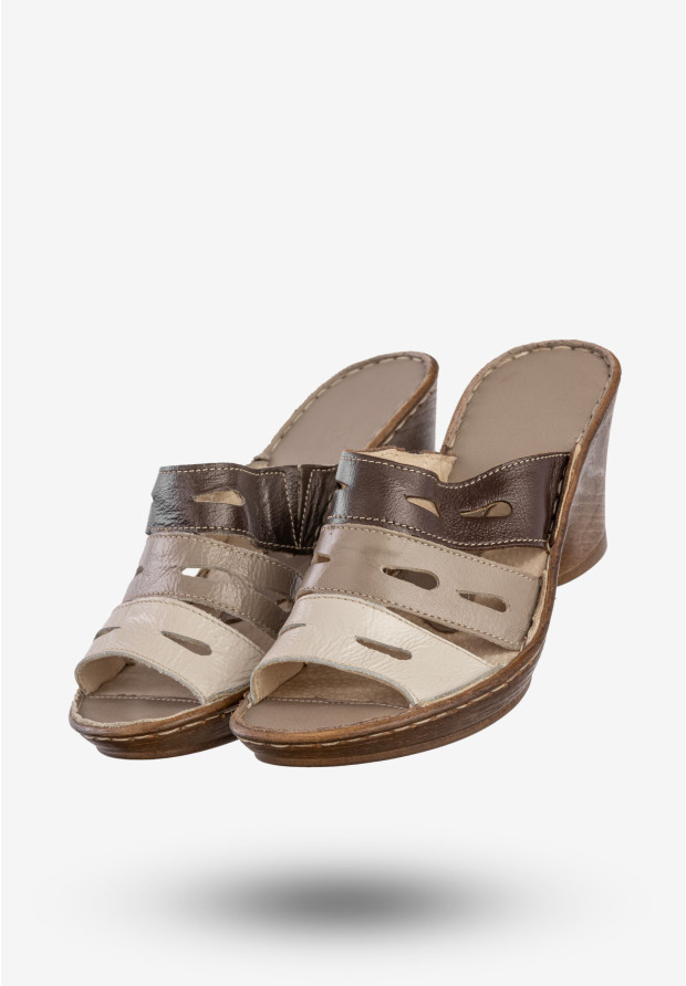 Klapki Damskie Skórzane Buty Na Koturnie Wygodne Brązowe Opal 132