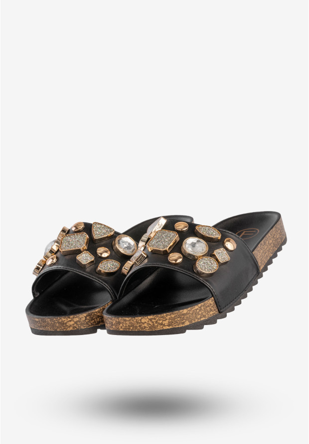 Klapki Damskie Ekoskóra Buty Eleganckie Z Ozdobami Czarne Filippo DK621/24BK