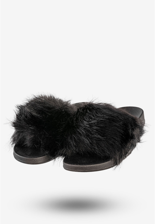 Klapki Damskie Z Futerkiem Modne Wygodne Buty Czarne Jezzi 21SD10-3943-BLACK