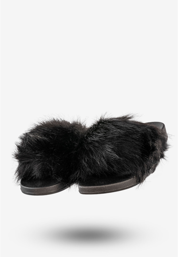 Klapki Damskie Z Futerkiem Modne Wygodne Buty Czarne Jezzi 21SD10-3943-BLACK
