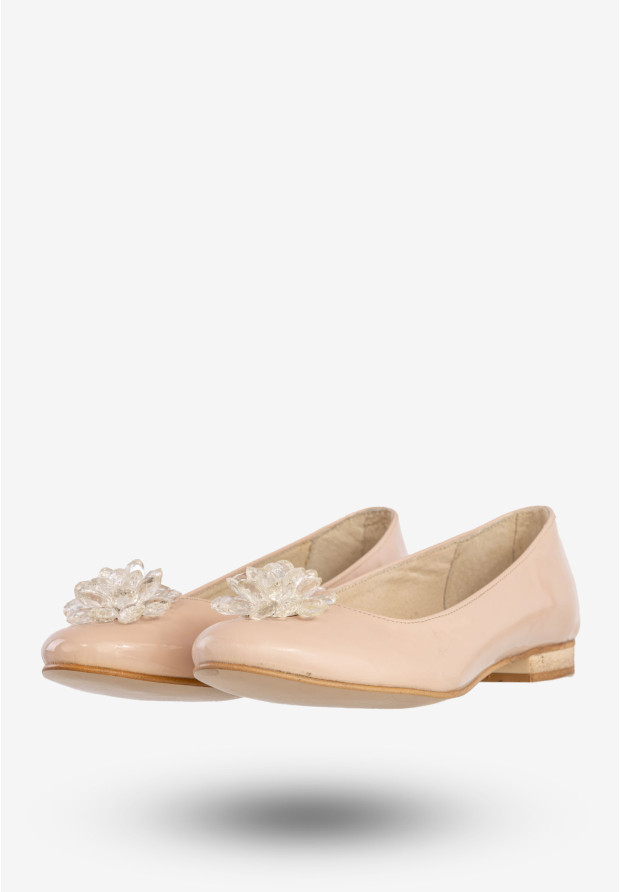 Baleriny Damskie Skórzane Z Kwiatem Eleganckie Buty Pudrowy Róż Burzyński 138LAN