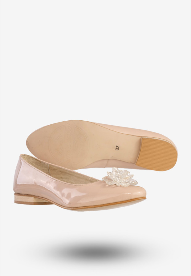 Baleriny Damskie Skórzane Z Kwiatem Eleganckie Buty Pudrowy Róż Burzyński 138LAN