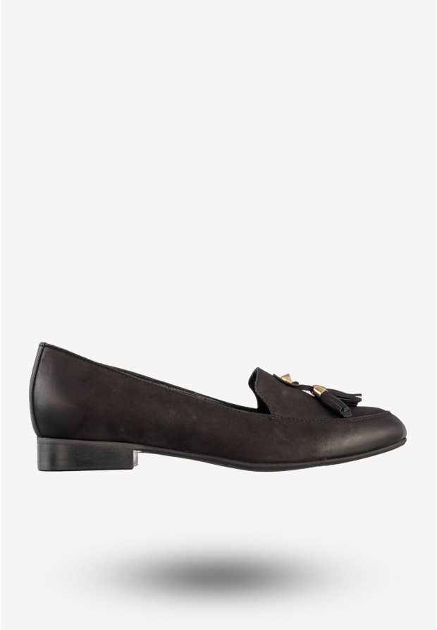 Mokasyny Damskie Skórzane Buty Z Frędzlami Czarne eSKa 1722