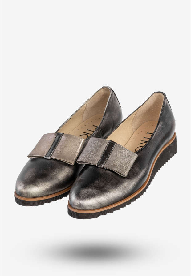Półbuty Damskie Skórzane Buty Eleganckie Czarne Srebrzyste Piko 1612