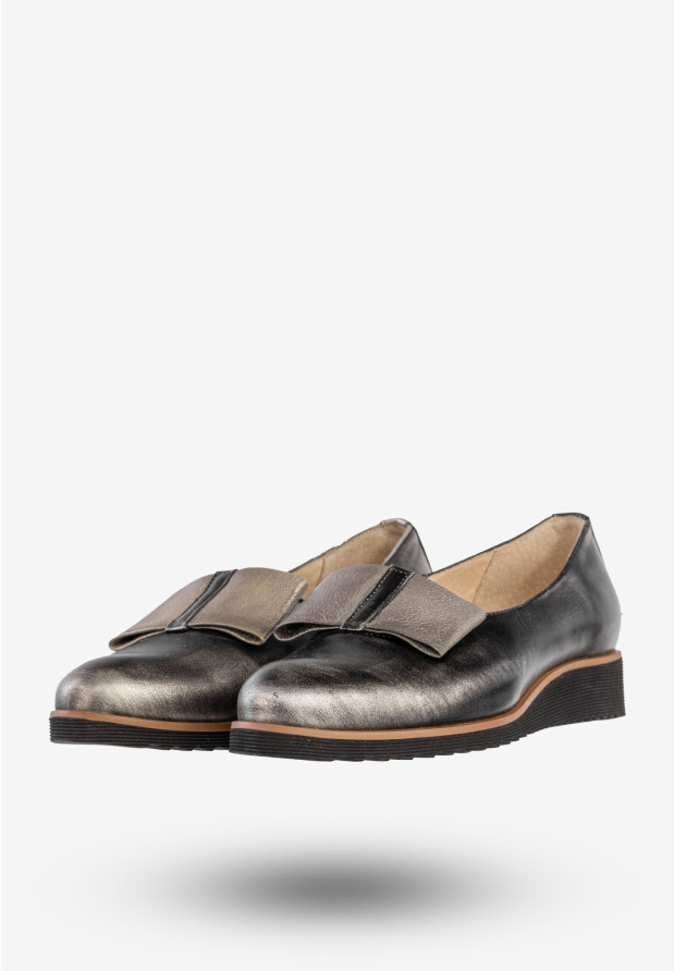 Półbuty Damskie Skórzane Buty Eleganckie Czarne Srebrzyste Piko 1612