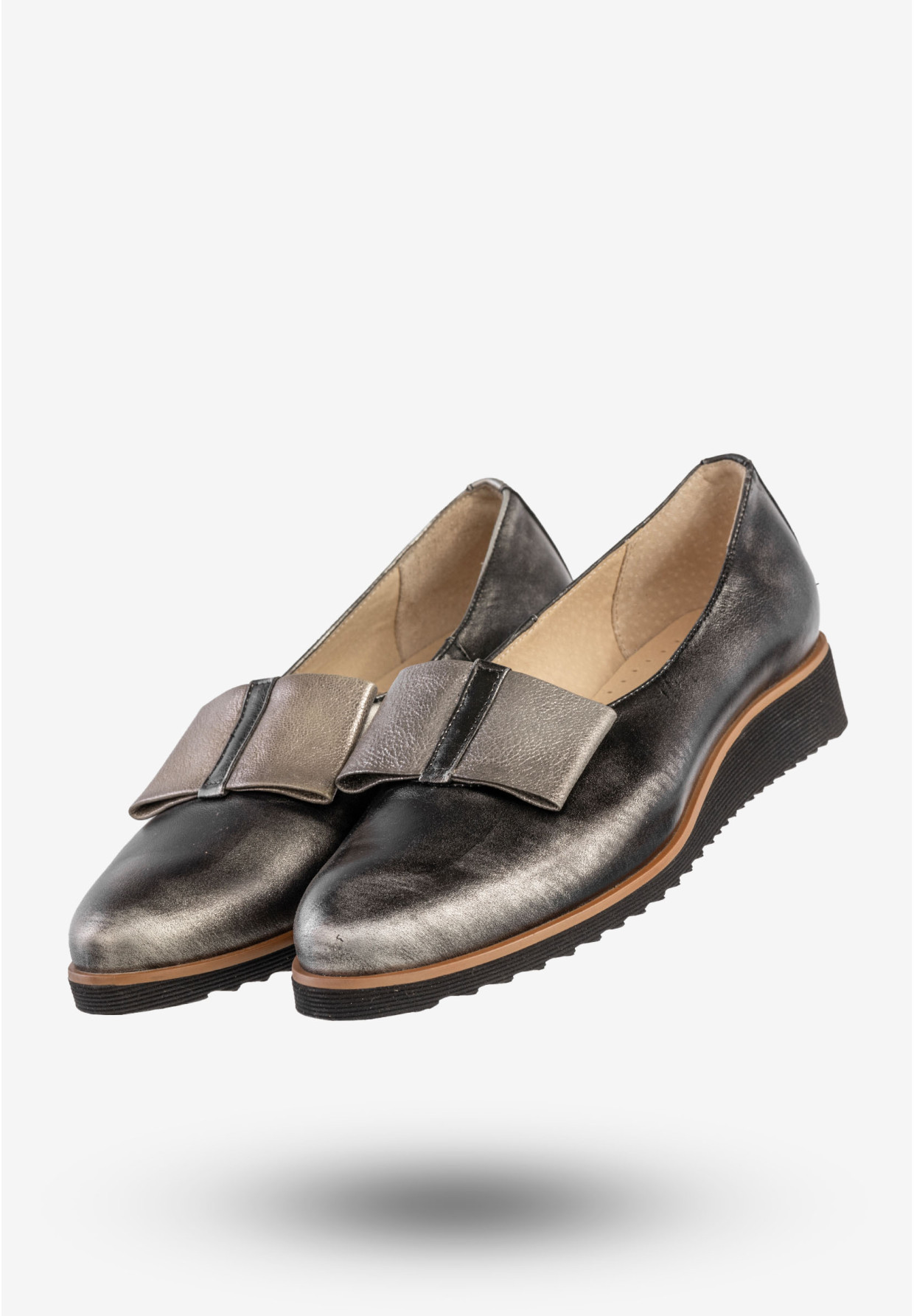 Półbuty Damskie Skórzane Buty Eleganckie Czarne Srebrzyste Piko 1612