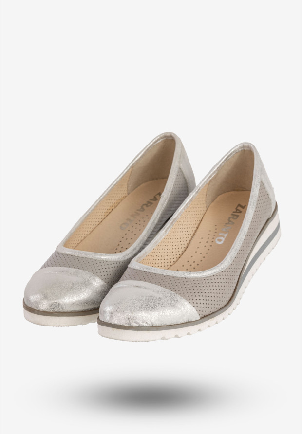 Baleriny Damskie Skórzane Buty Eleganckie Srebrne Zaranto D-307
